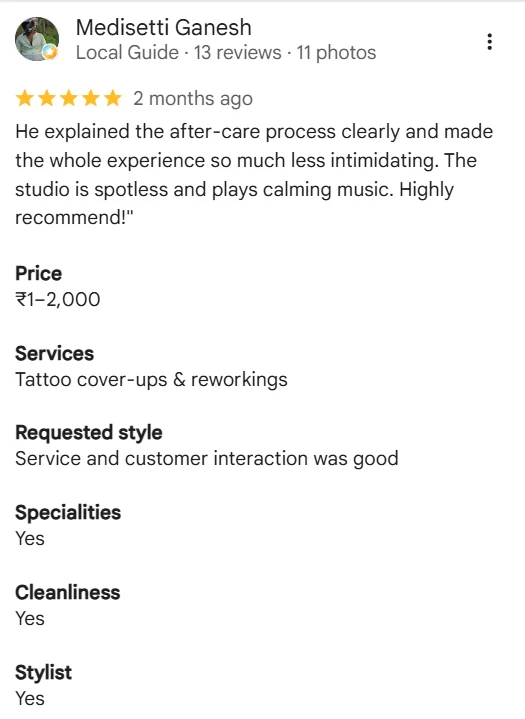 Client testimonial screenshot 6 for Rathnam Tattoos Studio, Vijayawada
